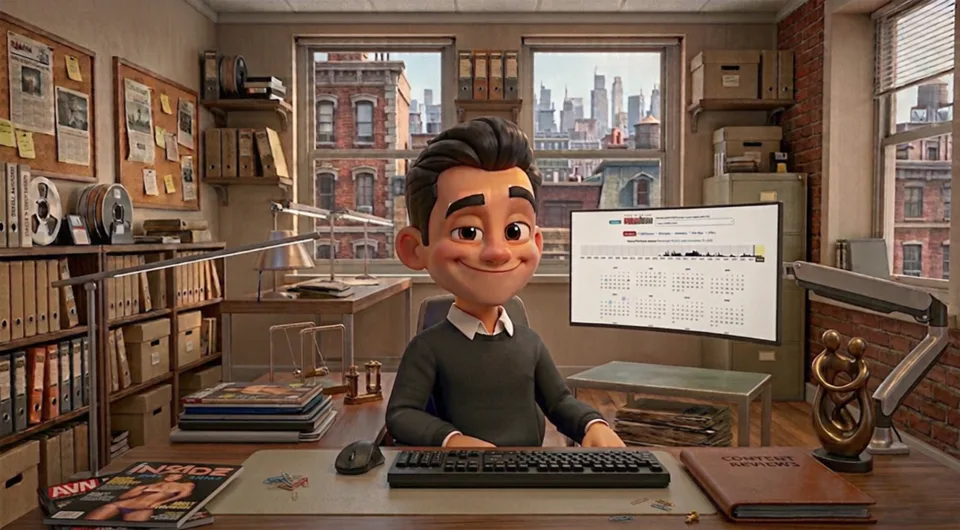 MyPornBible curator at his desk pointing at the Wayback Machine archive of the directory, online since 2013