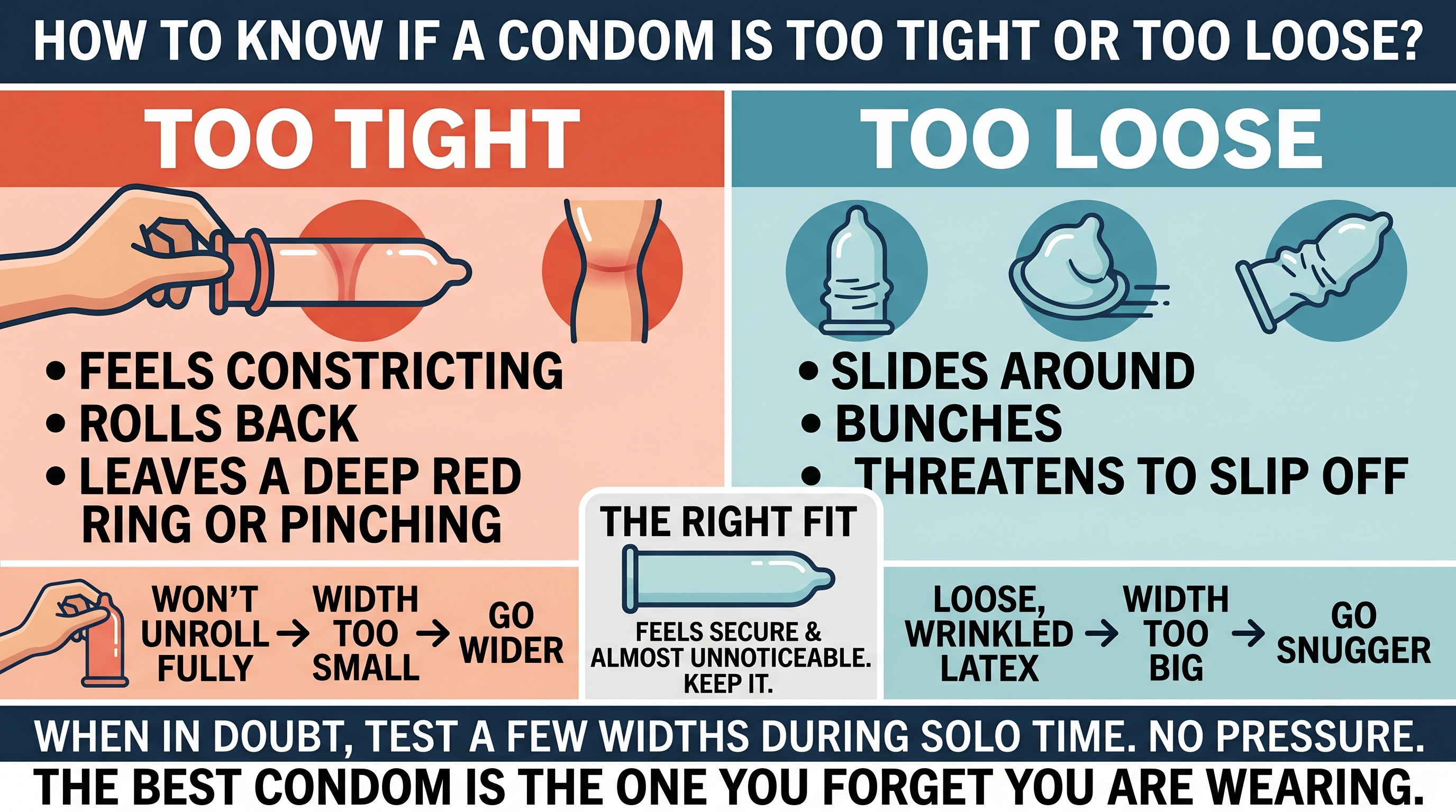 Guide showing the signs that a condom is too tight or too loose and how to fix the fit by changing nominal width