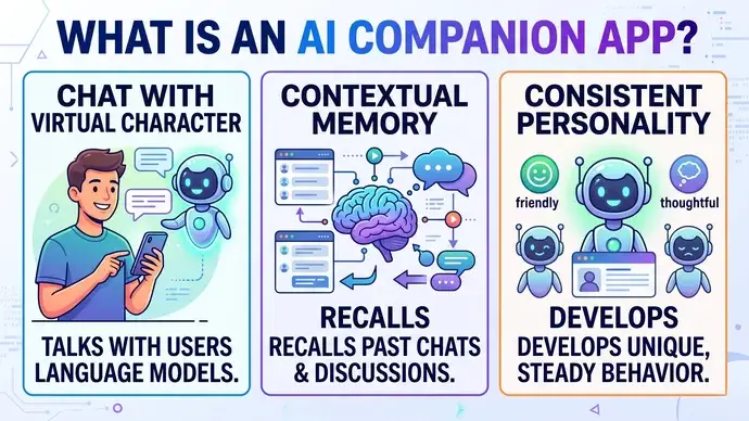 Infographic explaining what an AI companion app is showing a persistent AI persona built on a language model with memory personality and a user interface