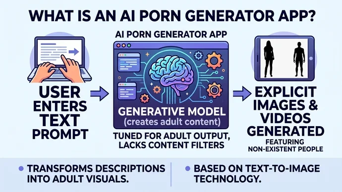 Infographic explaining what an AI porn generator app is showing a text prompt turned into explicit images or video by a generative model