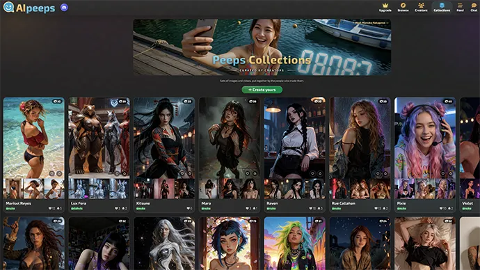 AI Peeps collections page with ready-made AI slut characters to chat with