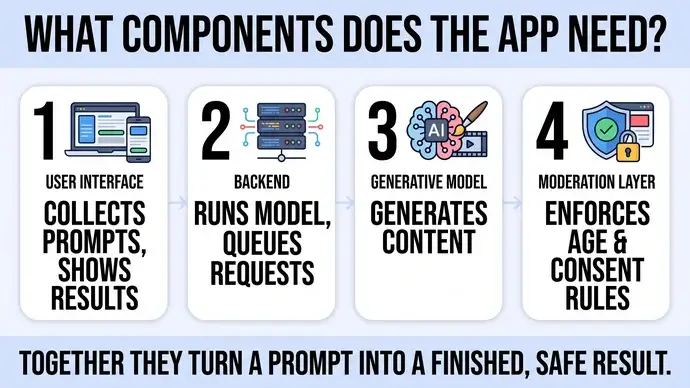 Diagram of the core components an AI porn generator app needs including the model backend interface storage and moderation layers