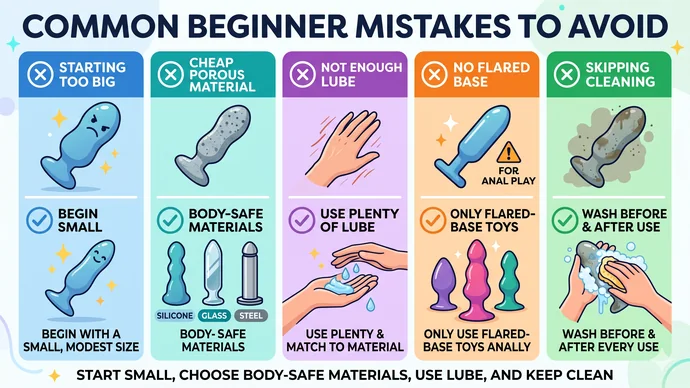 Chart showing what beginners should prioritize when choosing a first dildo including body-safe material modest size easy cleaning and simple shape