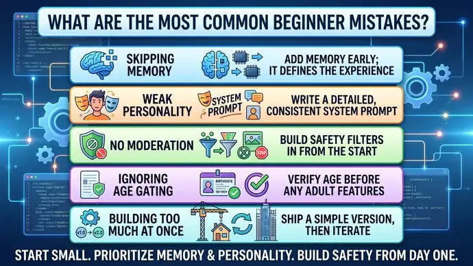 Table of the most common beginner mistakes when building an AI companion app such as skipping memory weak personality and no moderation and what to do instead