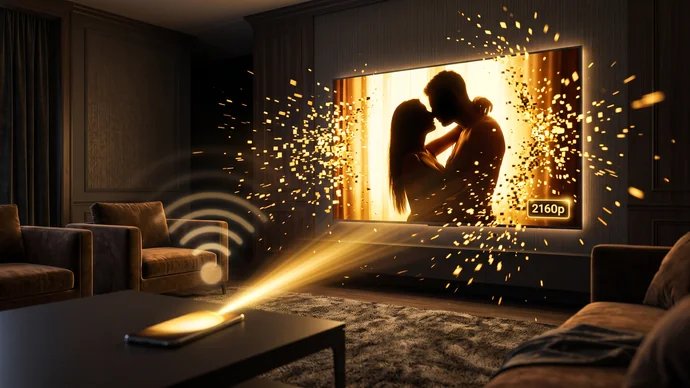 Dark living room with a large TV playing a sensual scene in 2160p while a phone on the table casts the video to the screen over Wi-Fi