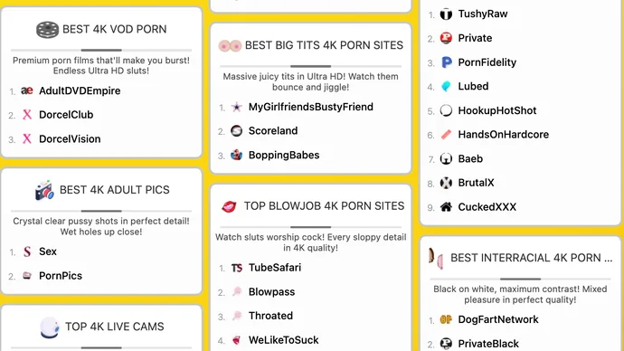 Best4KPornSites category cards for 4K VOD porn, adult pics, big tits, blowjob, hardcore and interracial sites, each with numbered site names and icons