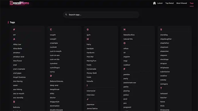 BrazzilMoms A to Z tag directory page showing 150 plus browsable tags for Brazilian and Latina MILF content