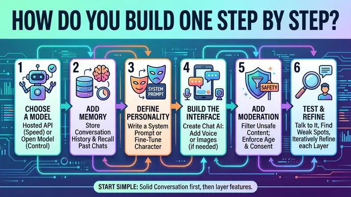 Step by step diagram showing how to build an AI companion app from choosing a model to adding memory personality interface moderation and testing