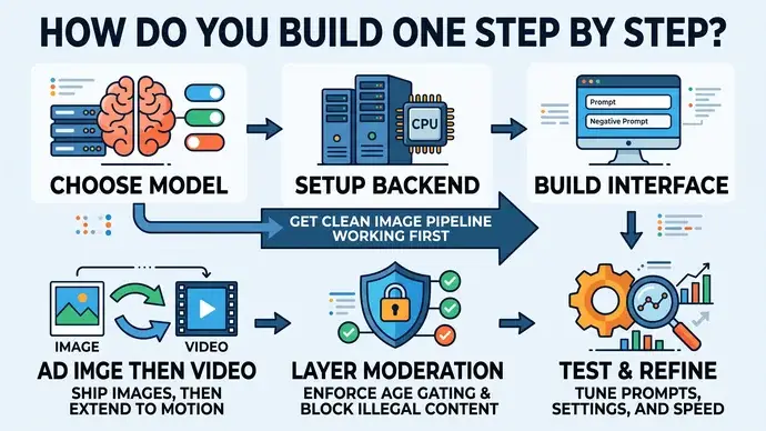 Step by step diagram showing how to build an AI porn generator app from choosing a model to backend prompt interface image then video moderation and testing