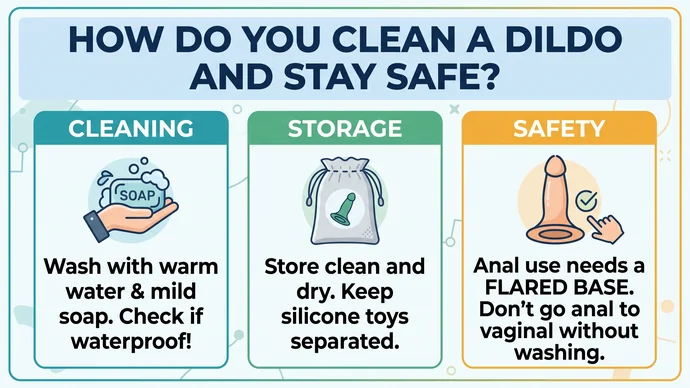 Infographic on how to clean a dildo and stay safe showing washing by material warm soapy water flared base for anal and fresh barrier between uses