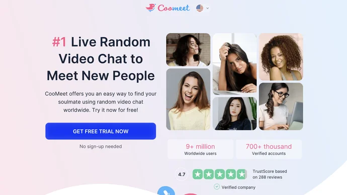 CooMeet homepage showing gender-filtered random video chat, an Omegle alternative