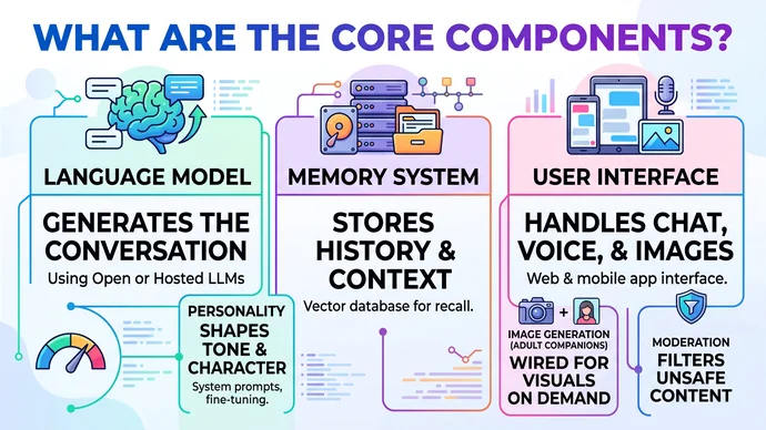 Diagram of the core components of an AI companion app showing the language model memory personality interface and moderation layers