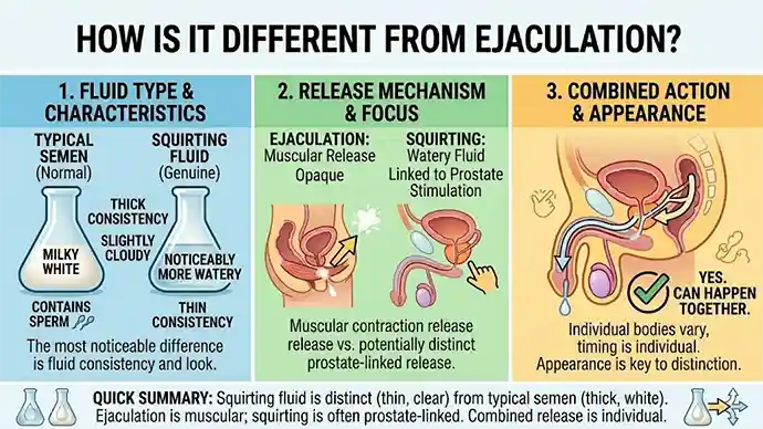 Visual comparison of male squirting fluid versus regular semen ejaculation