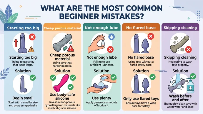 Table of the most common beginner dildo mistakes such as starting too big cheap porous material not enough lube and what to do instead