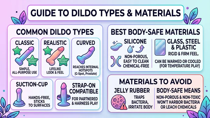 Guide to dildo types and materials showing classic realistic G-spot suction-cup and strap-on models plus body-safe silicone glass and steel