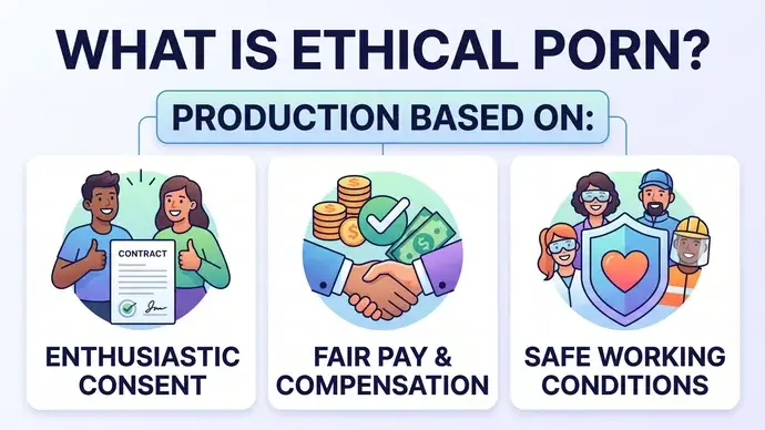 Infographic explaining what ethical porn is showing enthusiastic consent fair pay safe working conditions and fair trade or conscious porn made responsibly