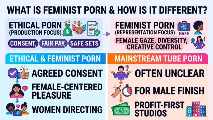 Comparison infographic showing the difference between ethical and feminist porn versus mainstream tube porn across consent pay pleasure bodies and creators