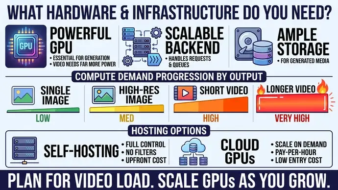 Chart comparing compute demand by output type showing single image low high-res image medium short video high and longer video very high