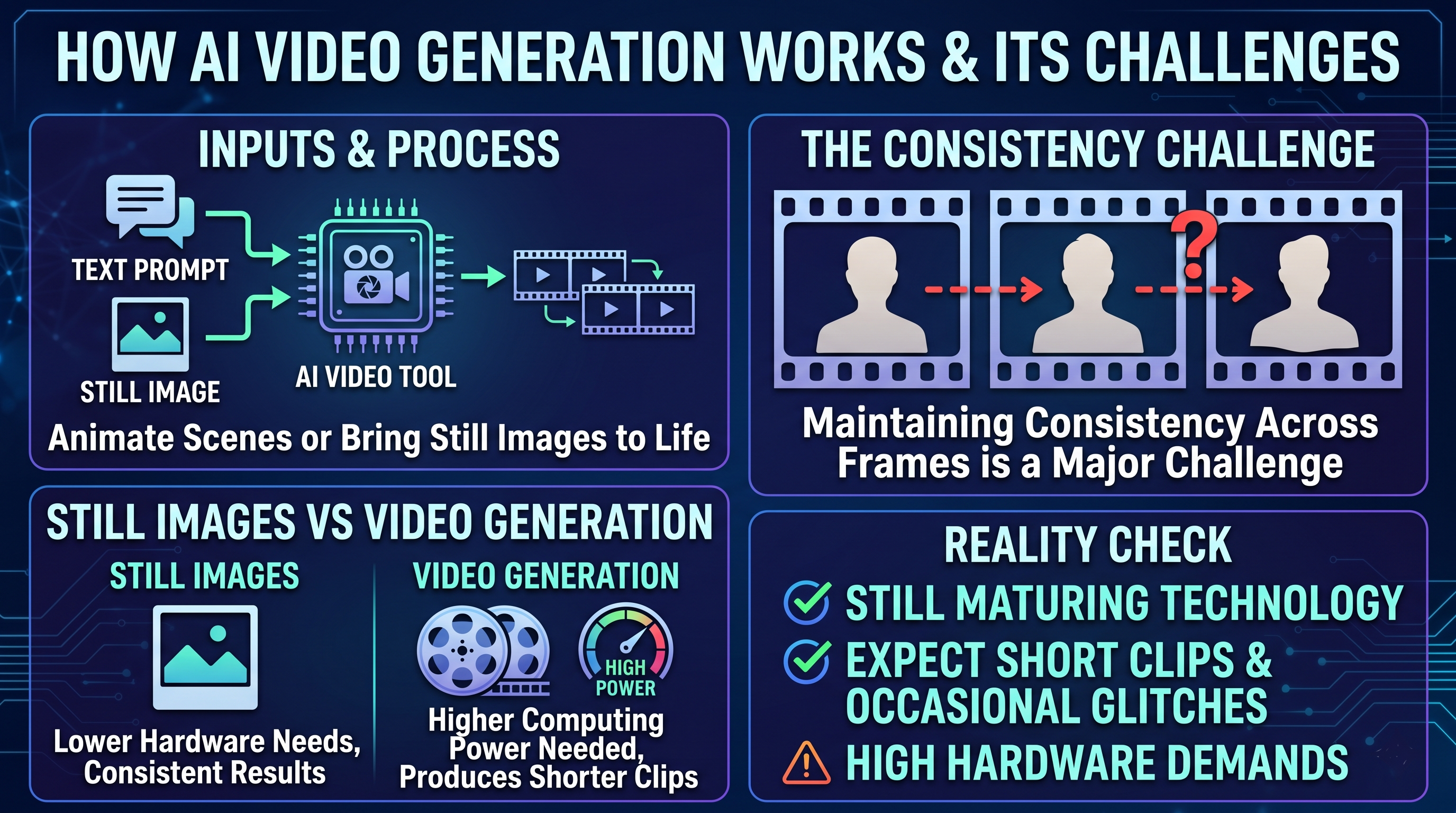 Illustration of an AI video generator animating an adult scene from a prompt showing short clips and high computing requirements
