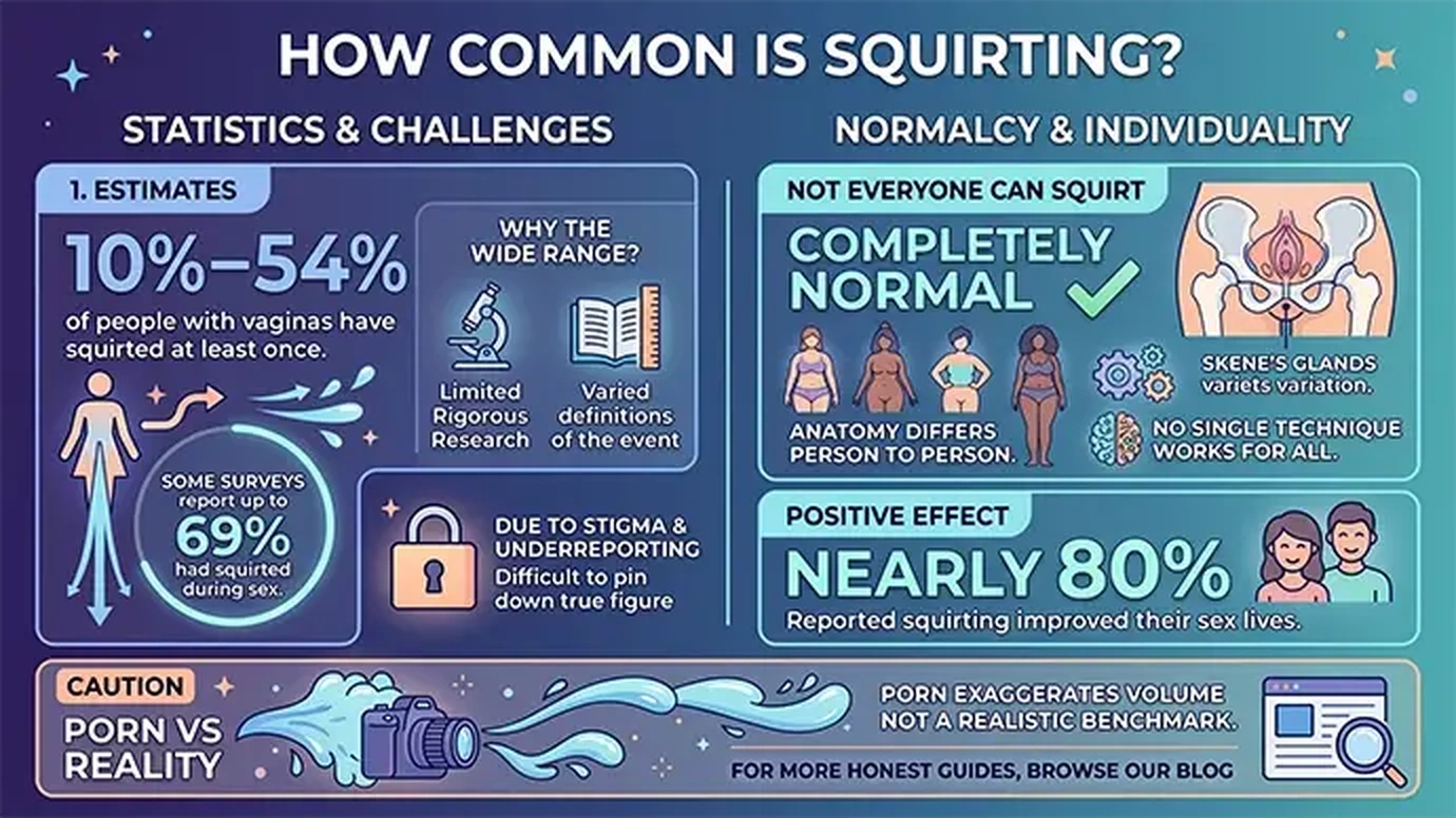 Infographic on how common squirting is showing prevalence estimates between 10 and 54 percent and that not everyone can squirt