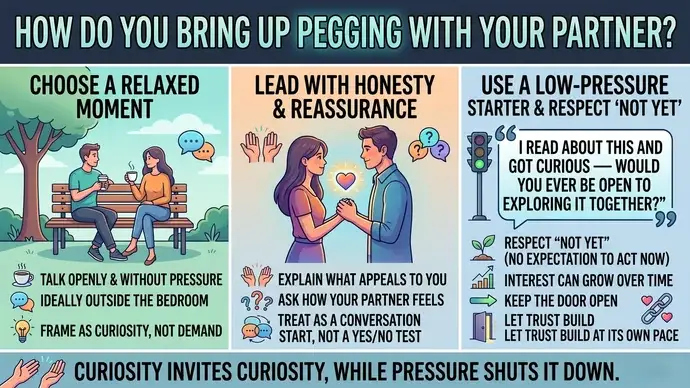Guide on how to bring up pegging with your partner showing an open pressure-free conversation outside the bedroom framed as curiosity