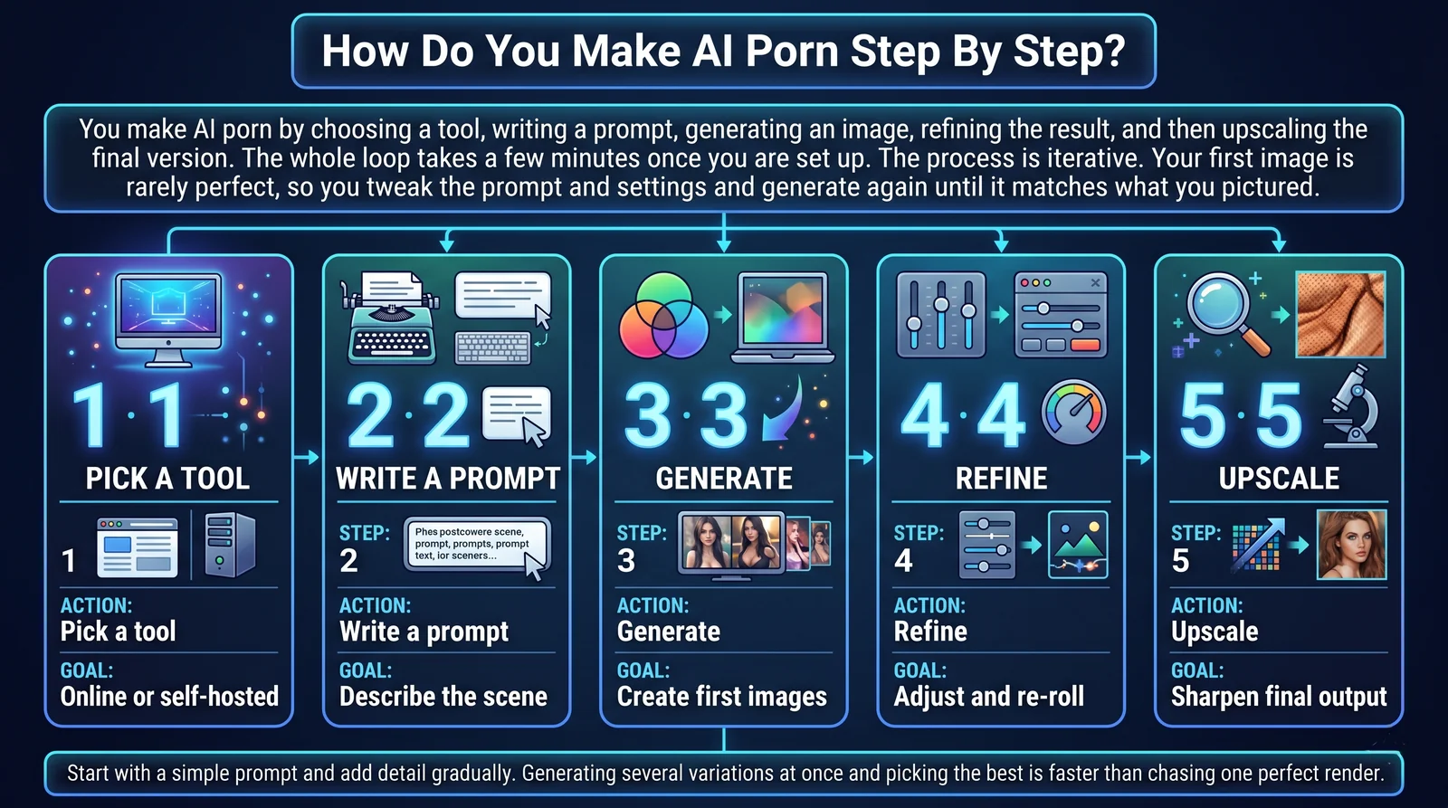 Step by step diagram showing how to make AI porn from picking a tool to writing a prompt generating refining and upscaling the image
