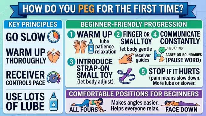 Step by step beginner progression for first time pegging from warm up to finger or small toy then the strap-on with constant communication