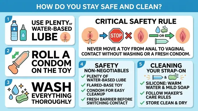Infographic on how to stay safe and clean during pegging using water-based lube a condom on the toy and washing the strap-on afterward