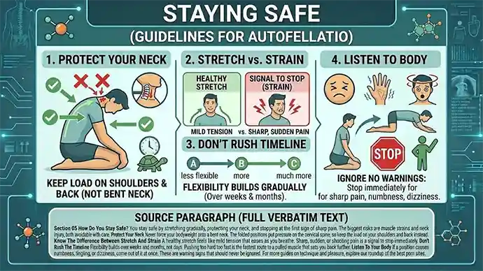 Safety diagram showing how to protect the neck and avoid strain when attempting autofellatio