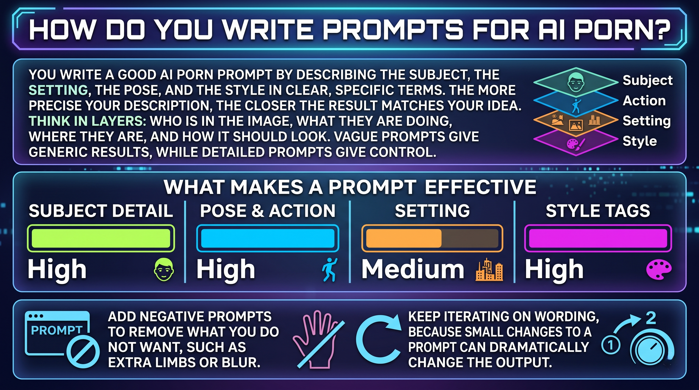 Guide to writing AI porn prompts showing how to layer subject pose setting and style tags plus negative prompts for better results