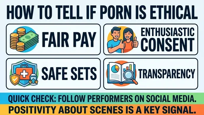 Checklist infographic showing seven signs of ethical porn fair pay paid access safe sets enthusiastic consent authentic pleasure diverse casting and transparency