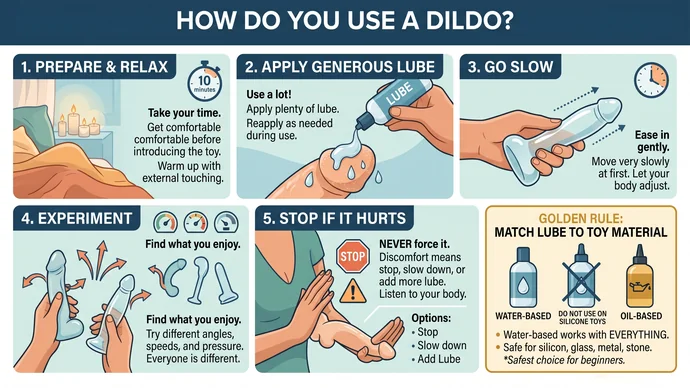 Step by step guide on how to use a dildo showing relax and warm up apply plenty of lube go slow experiment and stop if it hurts
