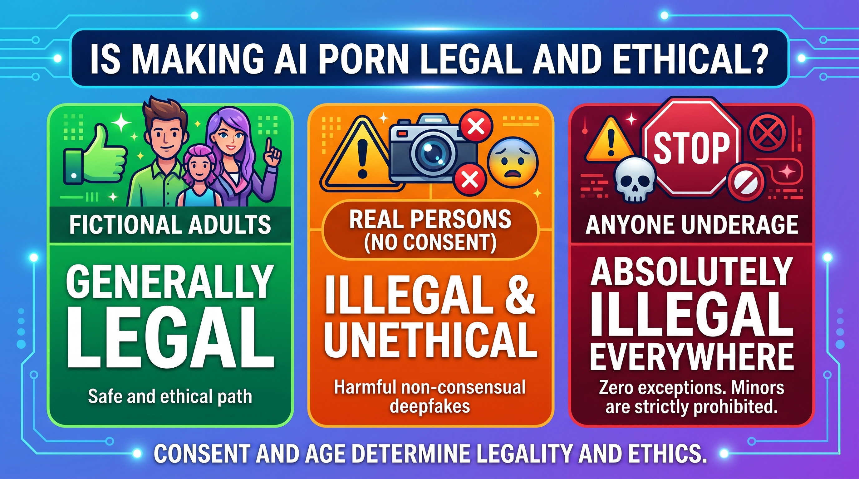 Infographic on whether making AI porn is legal and ethical showing fictional adults are allowed while non-consensual deepfakes and underage content are illegal