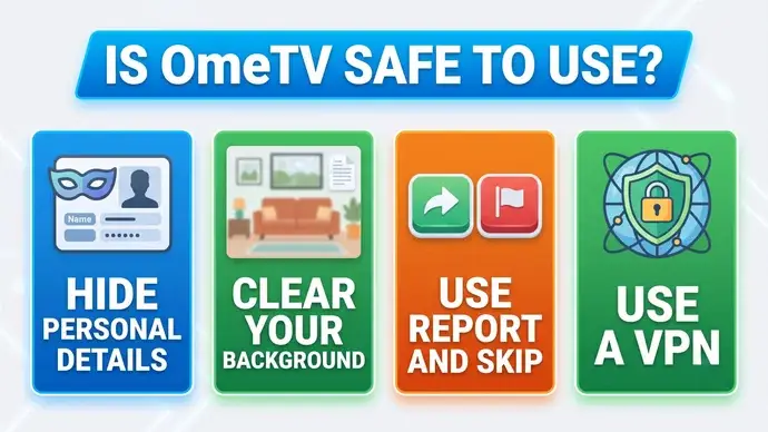 Safety infographic for OmeTV showing rules to hide personal details clear your background use report and skip and protect your connection with a VPN