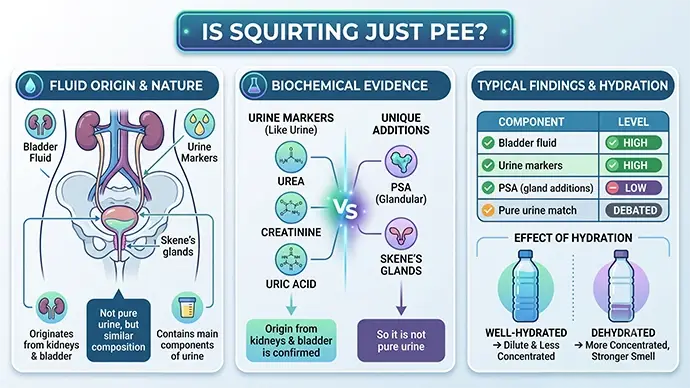 Chart breaking down the composition of squirting fluid including bladder fluid urine markers and PSA