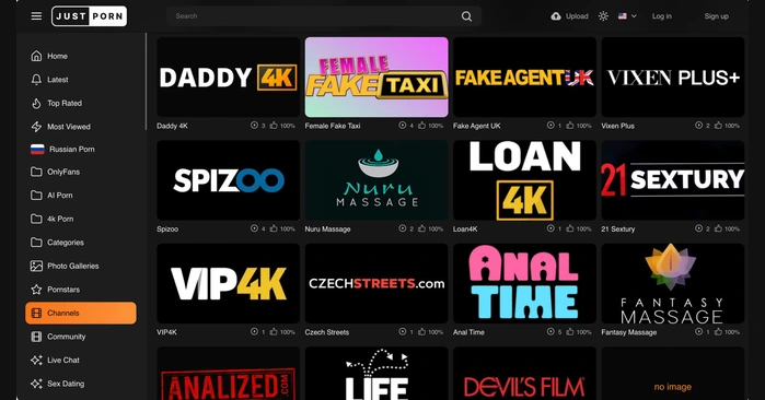 JustPorn channels page showing premium studio partner logos