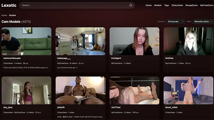 Lexotic homepage showing free porn content library