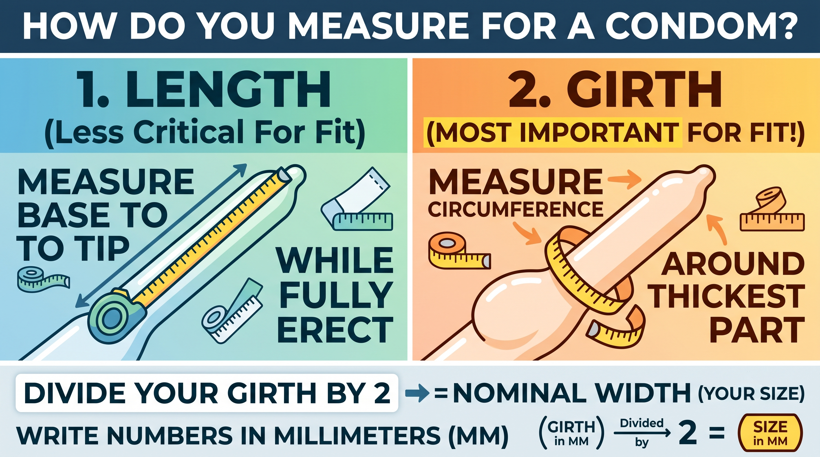 Diagram showing how to measure yourself for a condom by taking length from base to tip and girth around the thickest part of the shaft
