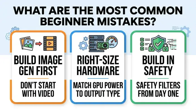 Table of the most common beginner mistakes when building an AI porn generator such as starting with video underpowered hardware and no moderation