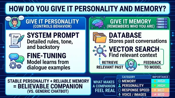 Illustration of how AI companion personality and memory work showing a system prompt for character and a vector database storing past conversations
