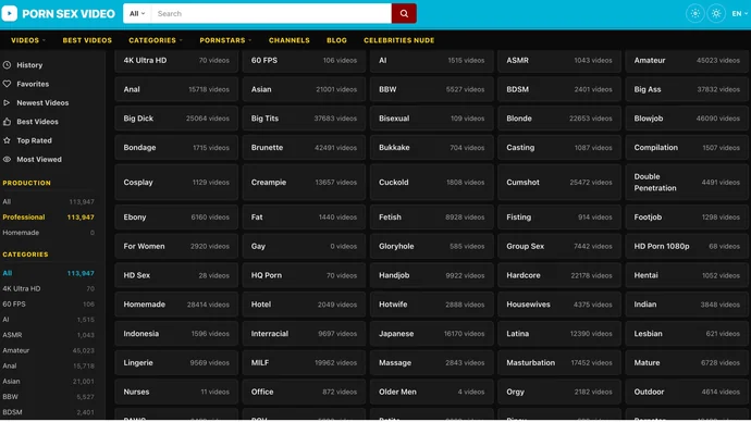 PornSexVideo categories page showing 85 categories with exact video counts