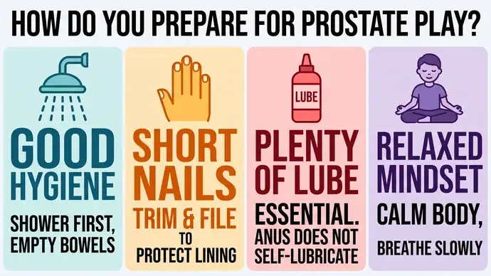 Checklist infographic on how to prepare for prostate play showing good hygiene short nails plenty of lube and a relaxed mindset
