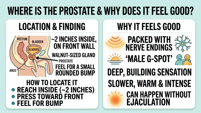 Diagram showing where the prostate is located about two inches inside on the front wall and why it feels good as the nerve-rich male G-spot