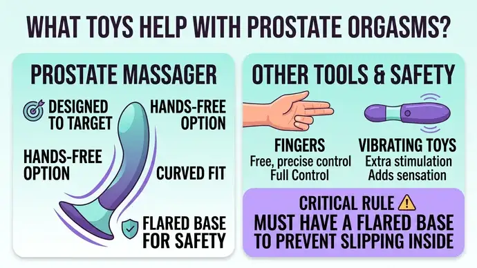 Guide to toys that help with prostate orgasms showing a curved hands-free flared-base prostate massager fingers and vibrating toys with a safety rule