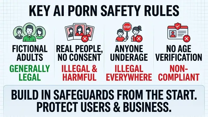 Infographic on safety and legal rules for an AI porn generator showing age verification blocking minors and no real people without consent