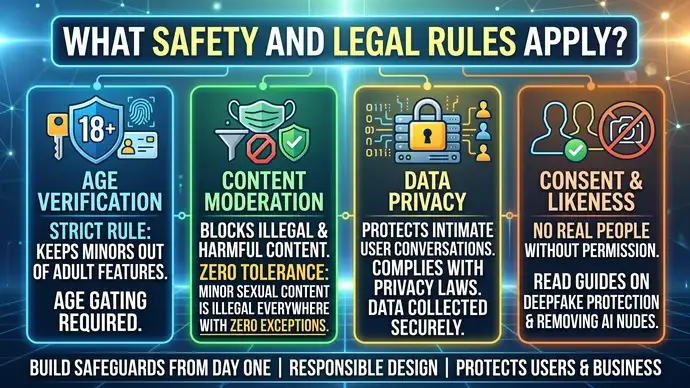 Infographic on safety and legal rules for AI companion apps showing age verification content moderation data privacy and consent requirements