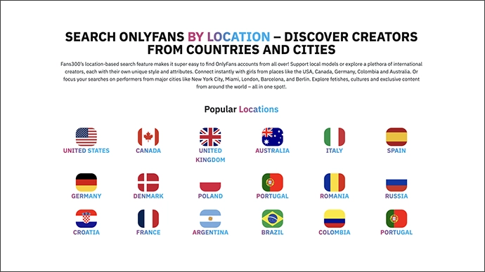 Fans300 location search showing countries and cities