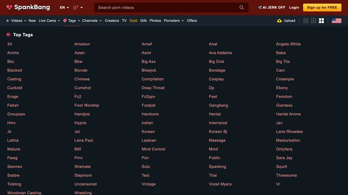 SpankBang Top Tags page listing categories like amateur, anime, anal, ebony and pornstar tags