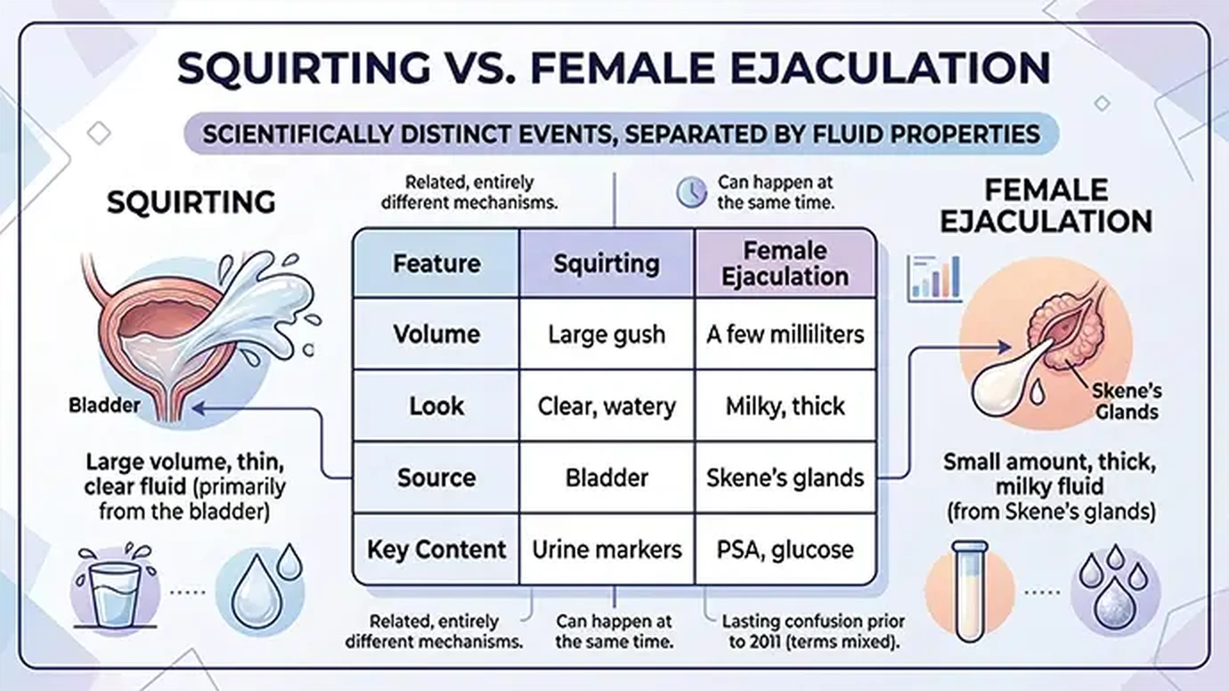 Comparison chart of squirting versus female ejaculation showing differences in volume look source and key content