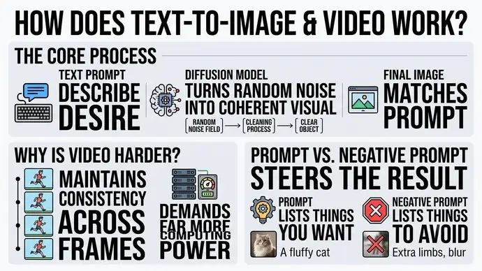 Diagram showing how text-to-image and text-to-video diffusion works turning random noise into a coherent result guided by a prompt and negative prompt